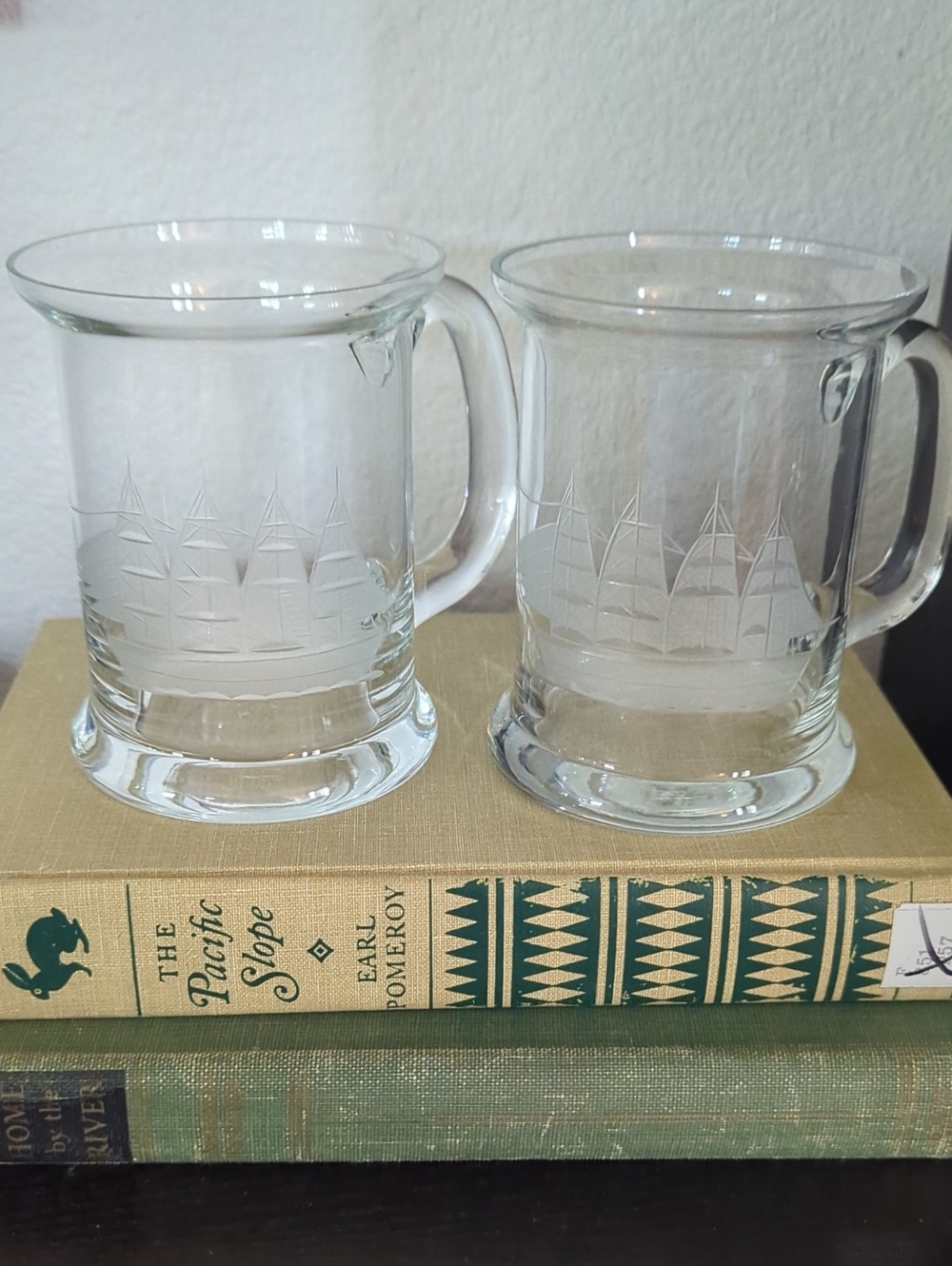 Vintage Ship Etched Glass Mug/Tankard Set Of 2